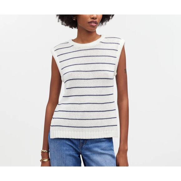 Madewell Women's Puff Trim Sweater Vest in Navy Stripe Relaxed M Medium New - Picture 1 of 9
